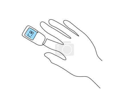 Dessin d'art continu d'une ligne. Main avec oxymètre de pouls sur le doigt. Dispositif numérique pour mesurer la saturation en oxygène chez l'homme.