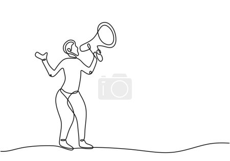 Illustration for Man holding horn in continuous one line art drawing. Business media job career vector illustration editable stroke. - Royalty Free Image