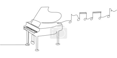 Illustration for Classic piano with music notes tone one line art drawing. Music instrument object vector illustration. Hand drawn sketch continuous single outline. Classical string viola for melody playing. - Royalty Free Image