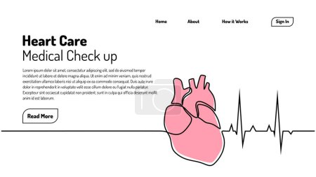 Illustration for Heart one line drawing. Continuous illustration of medical care with cardiogram symbol. Healthcare medical check up landing page template. - Royalty Free Image