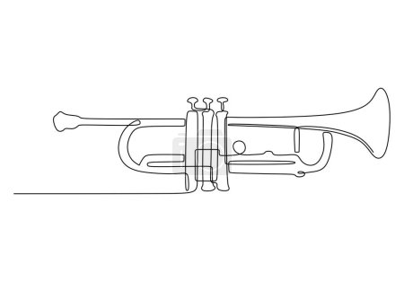 Eine Linienzeichnung des Trompetendesigns. Instrument der klassischen Jazzmusik. Vektorillustration einfacher, durchgehender Umrissstil.