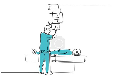 Illustration for Xray machine taking image continuous one line art drawing. Helathcare check up with radiology equipment. People diagnosis in hospital concept. - Royalty Free Image