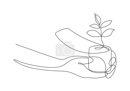 Illustration for Hands holding plant on pottery. One line continuous drawing. Ecology farm concept. - Royalty Free Image