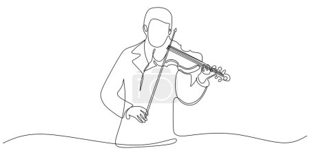 Téléchargez les illustrations : Illustration vectorielle d'un violoniste linéaire. Dessin à une ligne de l'homme debout jouant du violon instrument de musique. - en licence libre de droit
