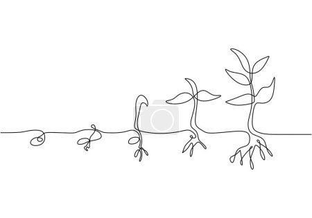 Illustration for Continuous line drawing of plant growth stages. Single one hand drawn spouting growing eco concept. - Royalty Free Image