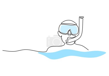 Man with snorkeling mask in continuous one line drawing. Diving sport in sea water concept.