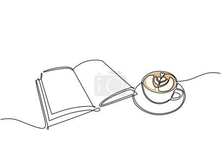 Illustration for Book with coffee in continuous one line drawing. Reading and relaxing concept. Vector illustration isolated. Minimalist design handdrawn. - Royalty Free Image