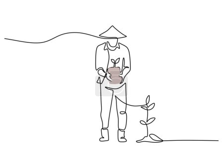Illustration for Farmers plant trees in continuous one line drawing. Plantation ecology concept. Minimalist vector illustration with editable stroke. - Royalty Free Image