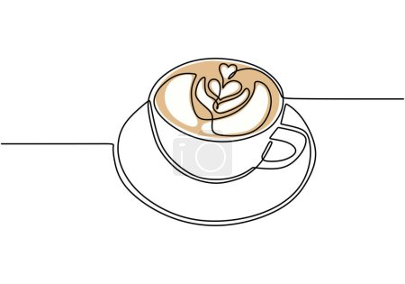 Ilustración de Café dibujo de una línea. Esquema continuo con colores. Bebida de café capuchino. Ilustración vectorial aislada. Diseño minimalista a mano. - Imagen libre de derechos