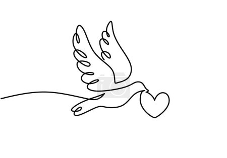 Illustration for Dove bird flying with heart symbol. Continuous one line art drawing. Vector illustration isolated. Minimalist design handdrawn. - Royalty Free Image