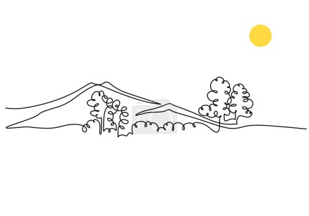 Téléchargez les illustrations : Ligne continue dessin montagne avec forêt. - en licence libre de droit