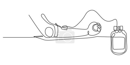 Illustration for Blood donation in continuous line drawing. One single outline transfusion bag with hand. - Royalty Free Image