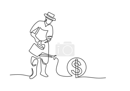 Illustration for Person watering plant with dollar money growing. Continuous one line art drawing. - Royalty Free Image