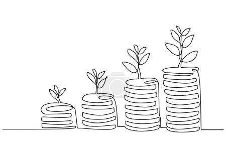 Ilustración de Monedas continuas se apilan con plantas en crecimiento. Símbolo de la inversión monetaria y el crecimiento. - Imagen libre de derechos