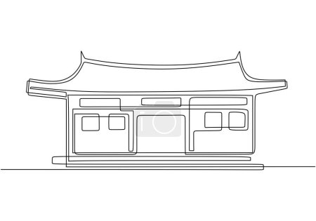 Hanok traditional korean house in continuous one line art drawing. Traditional building vector illustration editable stroke.