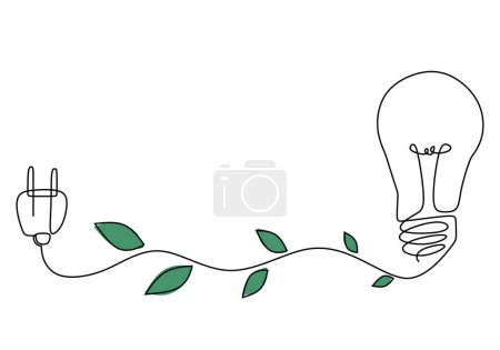 Illustration for Green energy continuous one line drawing. Lightbulb with leaves plant. Sustainable ecology concept abstract hand drawn. - Royalty Free Image