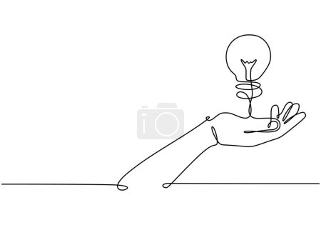Illustration for Hand with light bulb one continuous line drawing. Vector illustration isolated. Minimalist design handdrawn. - Royalty Free Image