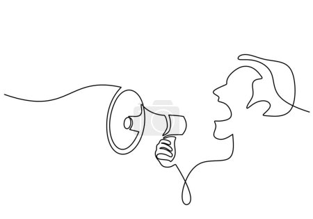Illustration for One line drawing of people with megaphone illustration. Continuous line art of business promotion with speaker horn. - Royalty Free Image