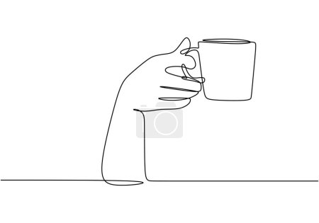 Téléchargez les illustrations : Main tenant une tasse de café. Dessin continu d'une ligne. Concept du temps du café. Illustration vectorielle isolée. Design minimaliste dessiné à la main. - en licence libre de droit