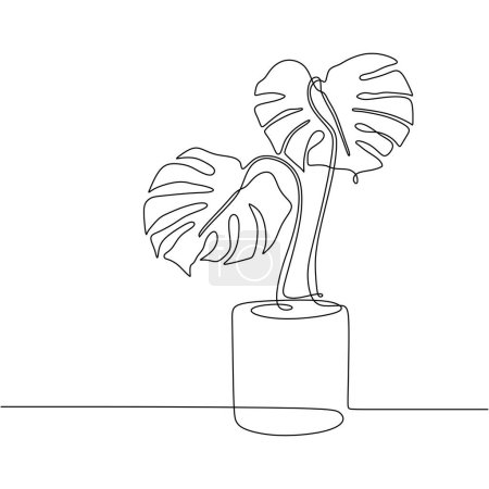 Téléchargez les illustrations : Monstera delicosa plante continue un dessin d'art linéaire. Illustration vectorielle isolée. Design minimaliste dessiné à la main. - en licence libre de droit