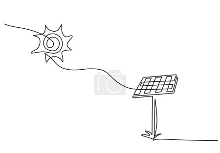Ilustración de Dibujo de una línea de panel solar fotovoltaico. Fuente de energía solar. Concepto de energías renovables verdes. - Imagen libre de derechos
