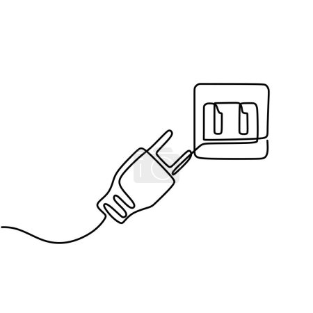 Continuous line art drawing of a plug inserted into an electric outlet in a minimalist black linear design. Isolated on a white background. Vector illustration electrical socket.
