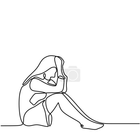 Téléchargez les illustrations : Femme triste et stressée assis une illustration de ligne. dessin en ligne continue de l'homme déprimé assis sur la chaise. - en licence libre de droit