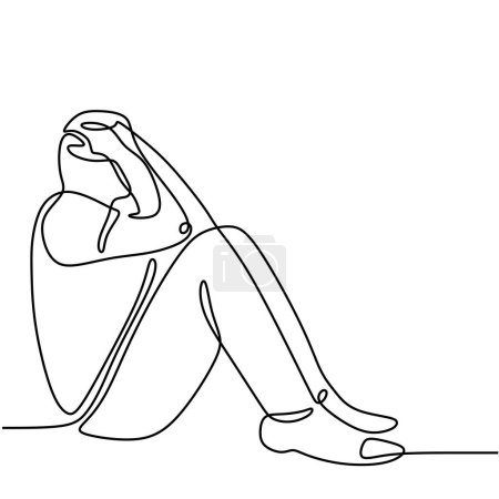 Illustration for Sad and stress man sitting one line illustration. continuous line drawing of depressed man sitting on chair. - Royalty Free Image