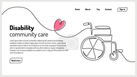 Illustration for Wheelchair continuous line art drawing. Landing page template with Disability community concept. - Royalty Free Image