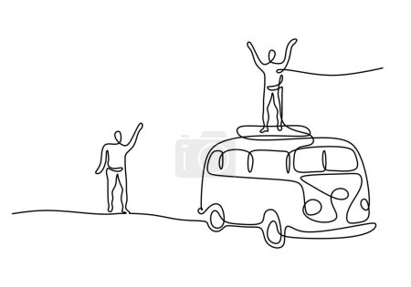 Illustration for One line drawing of people with van car. Continuous single outline happy holiday summer activity with vintage van. - Royalty Free Image