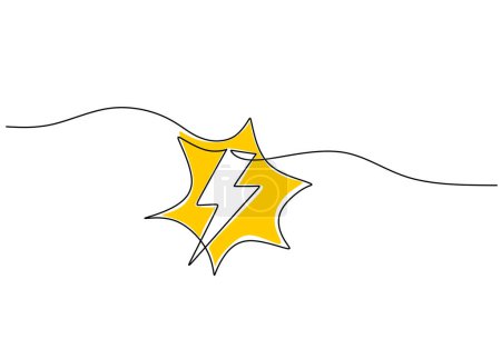 Ilustración de Energía eléctrica del rayo en dibujo continuo de una línea de arte. Señal de rayo en luz amarilla. - Imagen libre de derechos