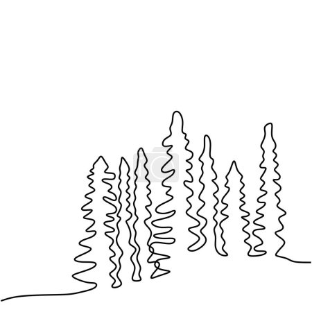 Illustration for Forest trees one line art drawing. Vector illustration jungle with tree in continuous single line art hand drawn. - Royalty Free Image