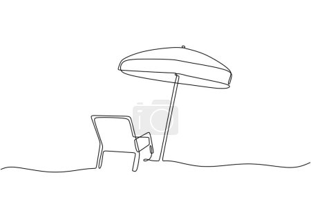 Illustration for Vacation and travel one line drawing. Beach umbrella and beach chair. Vector illustration editable stroke hand drawn. - Royalty Free Image