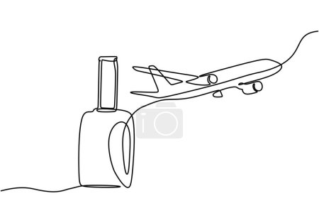 Illustration for Travel one continuous line drawing. Airplane with suitcase. Vector illustration isolated. Minimalist design handdrawn. - Royalty Free Image