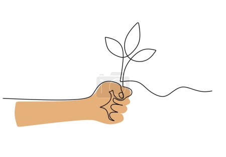 Illustration for One line drawing of hands holding a plant. Concept of nature growing in continuous single outline. - Royalty Free Image