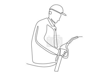 Illustration for One line drawing Gas Station Worker refueling vehicle. Transportation nozzle service concept. - Royalty Free Image