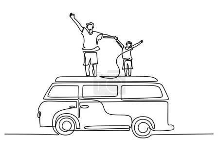 Téléchargez les illustrations : Tracé continu du véhicule fourgon. Des gens heureux pendant les vacances. - en licence libre de droit