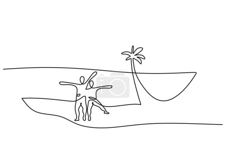 Ilustración de Línea continua dibujando personas felices en la playa durante el verano. Una ilustración vectorial dibujada a mano carrera editable. - Imagen libre de derechos