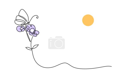 Ilustración de Mariposa en flor bajo el sol en continuo dibujo de una línea de arte. Ilustración de vectores florales y faunísticos accidente cerebrovascular editable. - Imagen libre de derechos