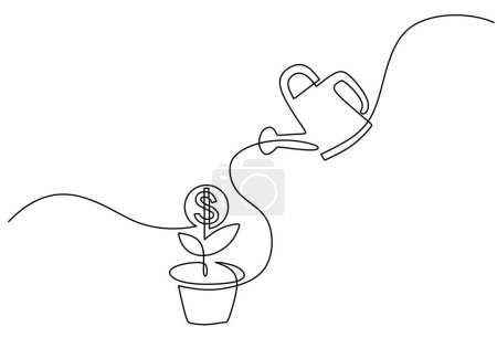 Ilustración de Creciendo dinero continuo de una línea de dibujo. Planta de riego con cosecha de dólar. - Imagen libre de derechos