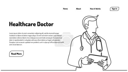 Illustration for Healthcare doctor continuous one line art drawing. Portrait of professional medical doctor. Landing page template vector illustration. - Royalty Free Image