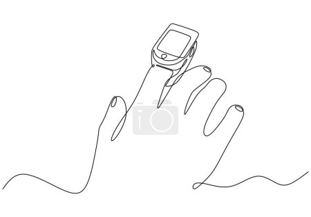 Kontinuierliche Zeichnung einer Linie. Hand mit Oximeter am Finger. Digitales Gerät zur Messung der Sauerstoffsättigung beim Menschen.