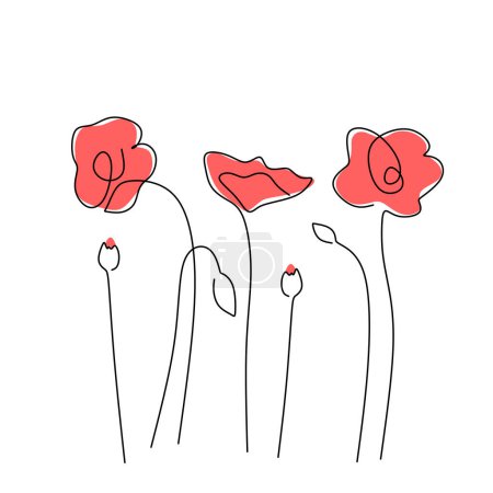 Illustration for Poppy flower in one continuous line art drawing. Abstract plant botanical garden. Vector illustration isolated. Minimalist design handdrawn. - Royalty Free Image
