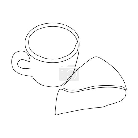 Illustration for Breakfast one line drawing. Coffee with cake continuous outline. Vector illustration isolated. Minimalist design handdrawn. - Royalty Free Image