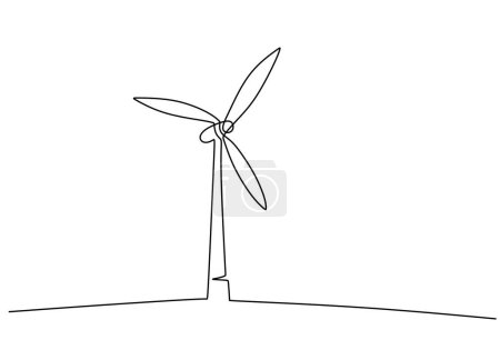 Ilustración de Turbina energía eólica energía verde concepto de electricidad. Línea continua que dibuja la ecología renovable del molino de viento de la planta de energía eólica. Ilustración de vector de dibujo de una línea. - Imagen libre de derechos