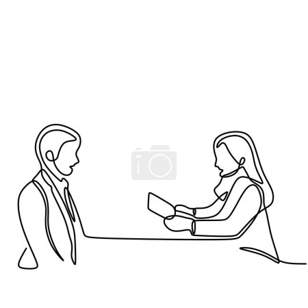 Mujer entrevistando al hombre en continuo dibujo de una línea de arte. Carrera profesional empresarial vector ilustración carrera editable.