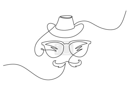 Illustration for Fathers day continuous line art drawing. Mustache with hat glasses one single outline. Vector illustration isolated. Minimalist design handdrawn. - Royalty Free Image