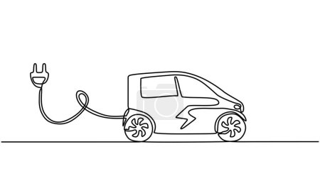 Ilustración de Coche eléctrico de una línea de dibujo. Vehículo de contorno único continuo con batería. Concepto de energía de carga. - Imagen libre de derechos