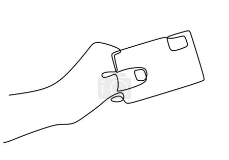Illustration for Continuous line drawing hand holding a bank credit card - Royalty Free Image