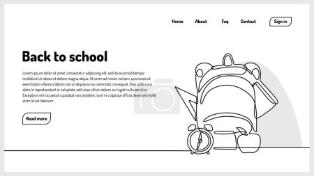 Illustration for Back to school landing page minimalism. One continuous line drawing. Vector illustration student bag with study tools. Education concept banner. - Royalty Free Image